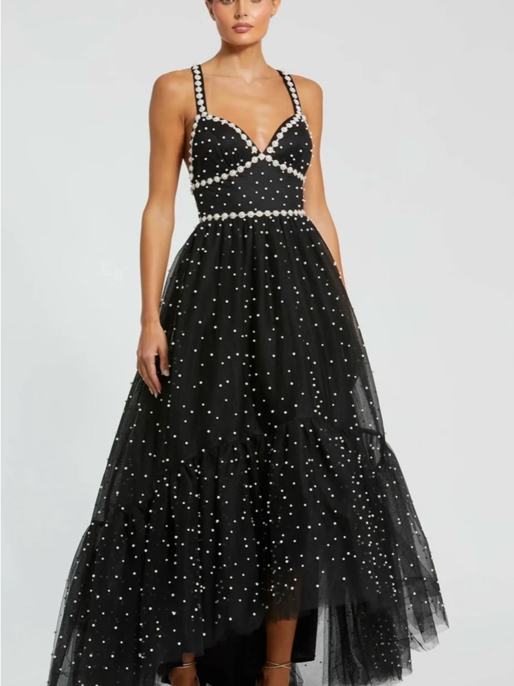 Mac Duggal Black Tulle High-Low Dress with Pearl Embellishment
